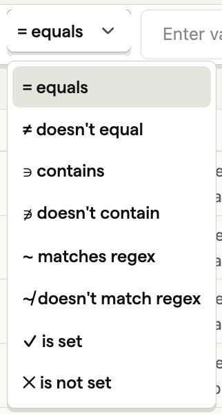 query list for a string property lists equals, doesn't equal, contains, doesn't contain, matches regex, doesn't match regex, is set, and is not set