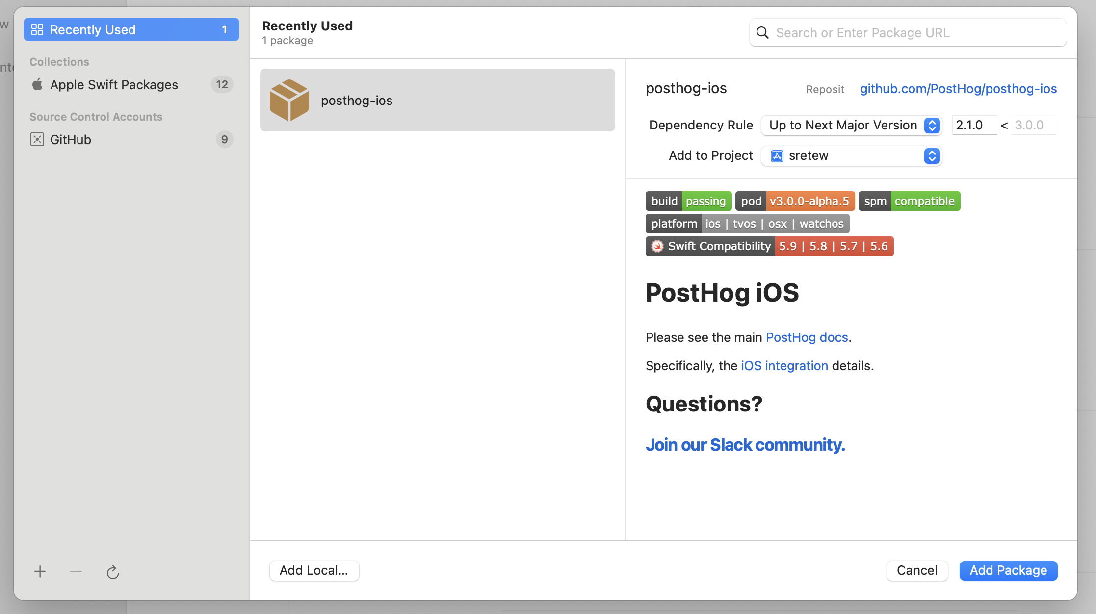 Add PostHog from Swift Package Manager